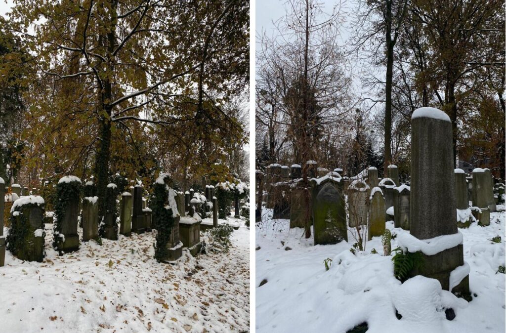 Zasnežený starý židovský cintorín.