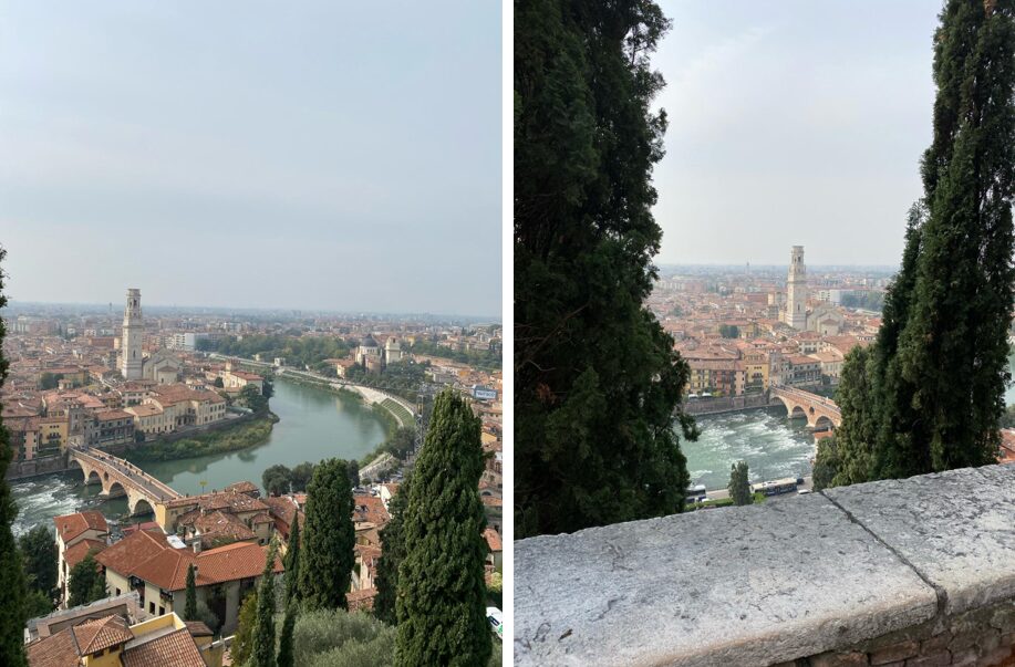 Výhľad na Veronu z Colle SAn Pietro. VIdno rieku a staré mesto.